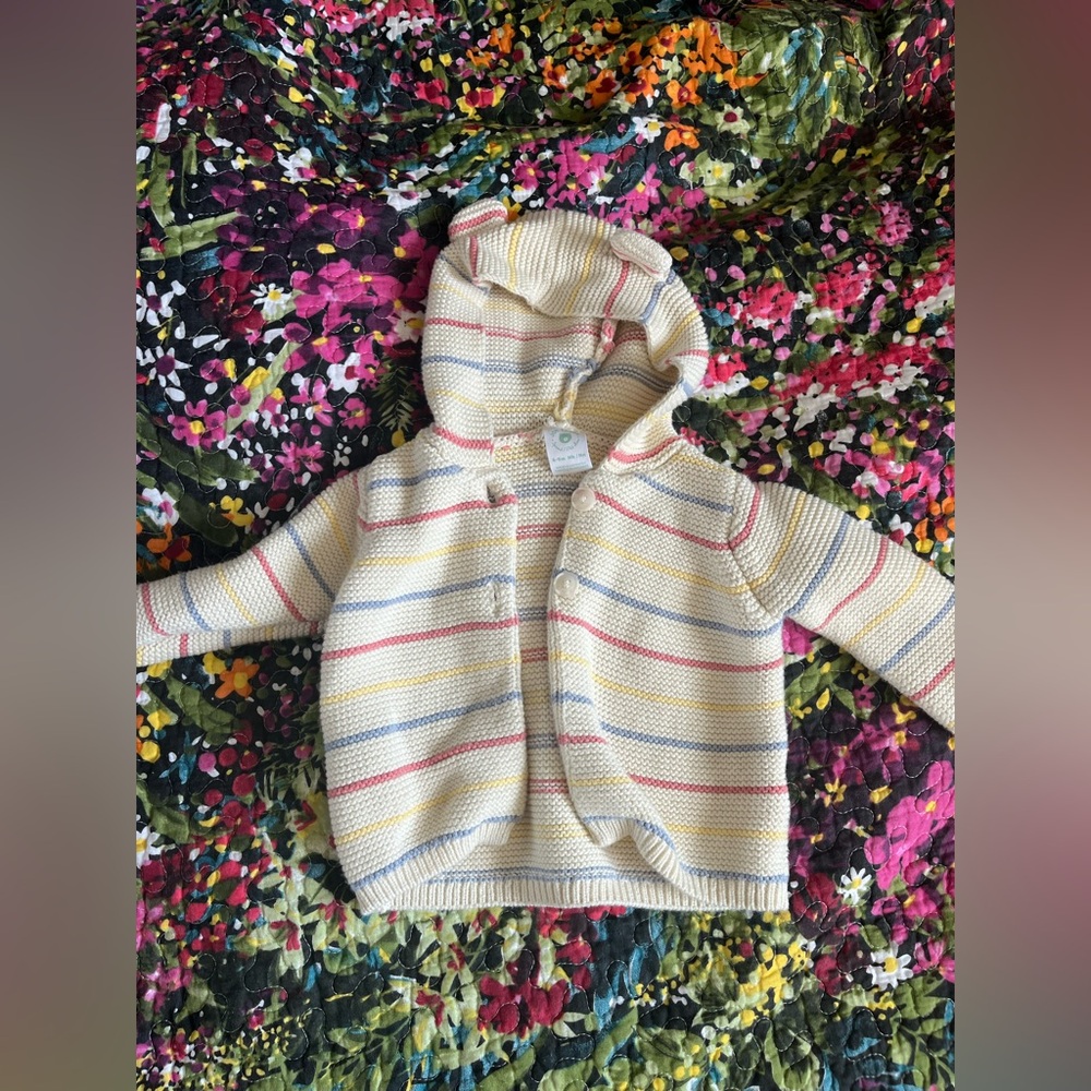 Lovely Organic Cotton Striped Pastel Hooded Baby Button Up Sweater - Picture 4 of 6